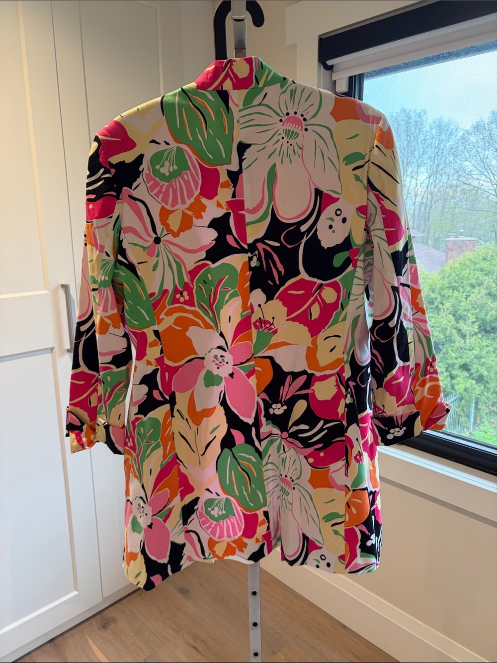 Vintage Floral Trench Coat - Pink, Green & Orange on Black - Picture 5 of 5